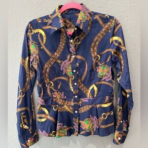 Lauren Ralph Lauren navy blue and gold horse themed button down blouse Sz S
